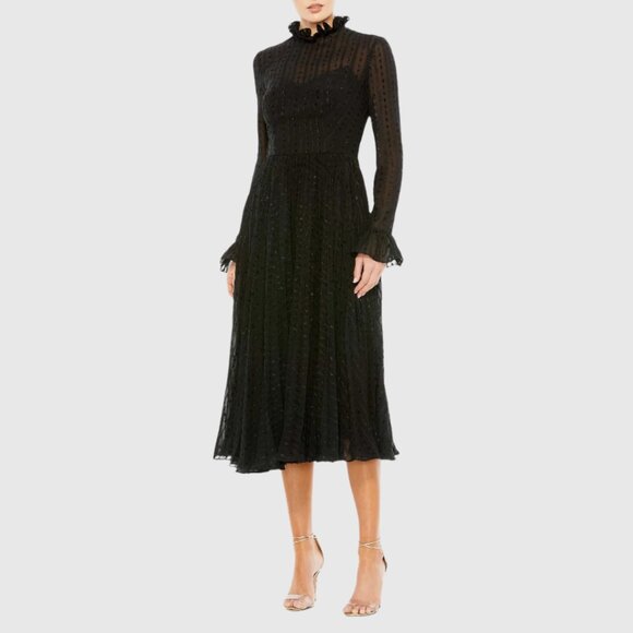 Mac Duggal 49627 Size 16 Black High‎ Neck Long Sleeve Ruffle Midi Tea Dress - Picture 3 of 13